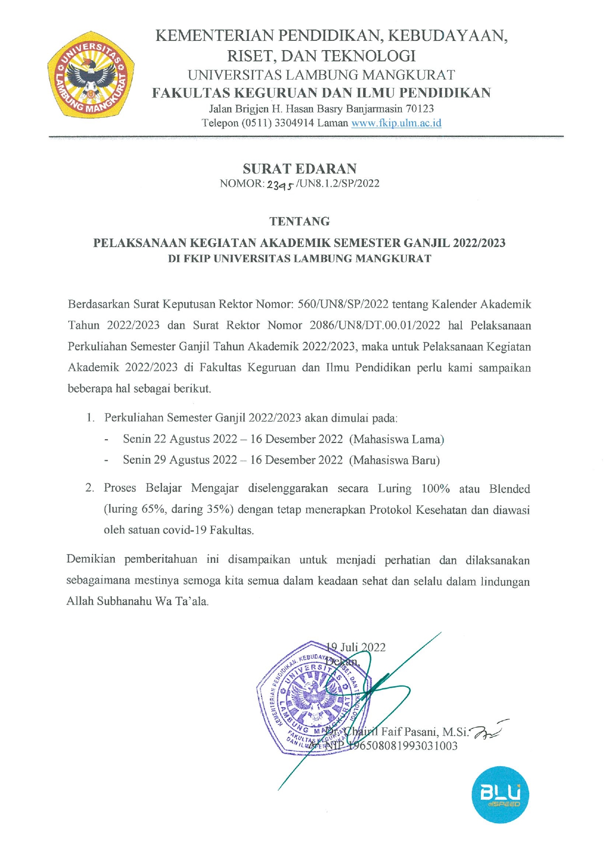 PELAKSANAAN PERKULIAHAN SEMESTER GANJIL 2022/2023 DI LINGKUNGAN FKIP ...